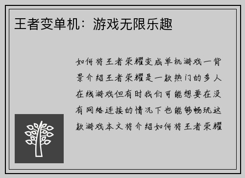 王者变单机：游戏无限乐趣
